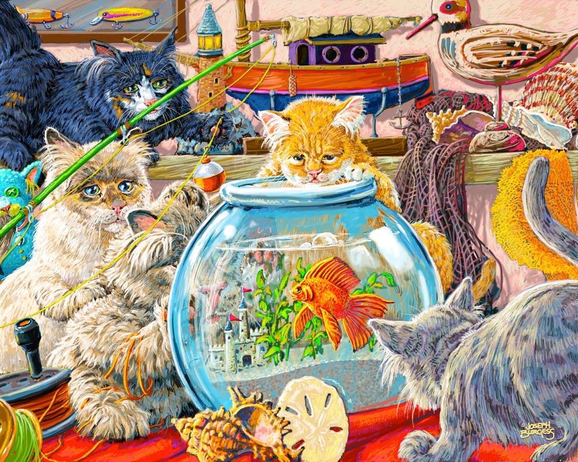 Kotki wpatrzone w rybkę puzzle online