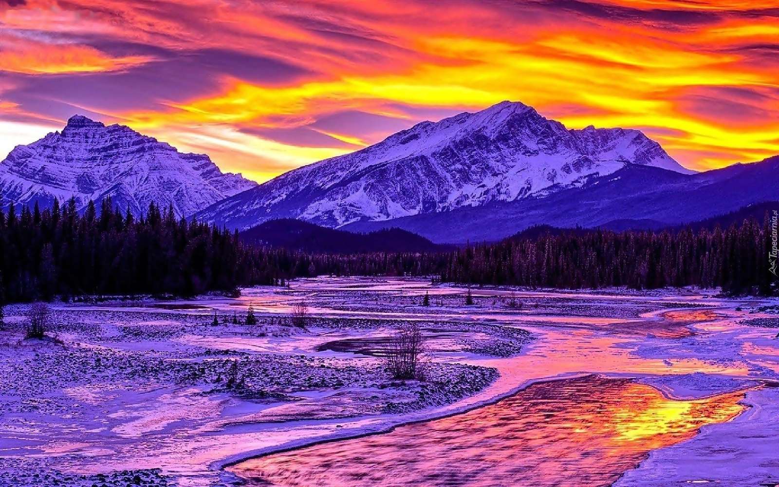 zimowy krajobraz zachód słońca puzzle online