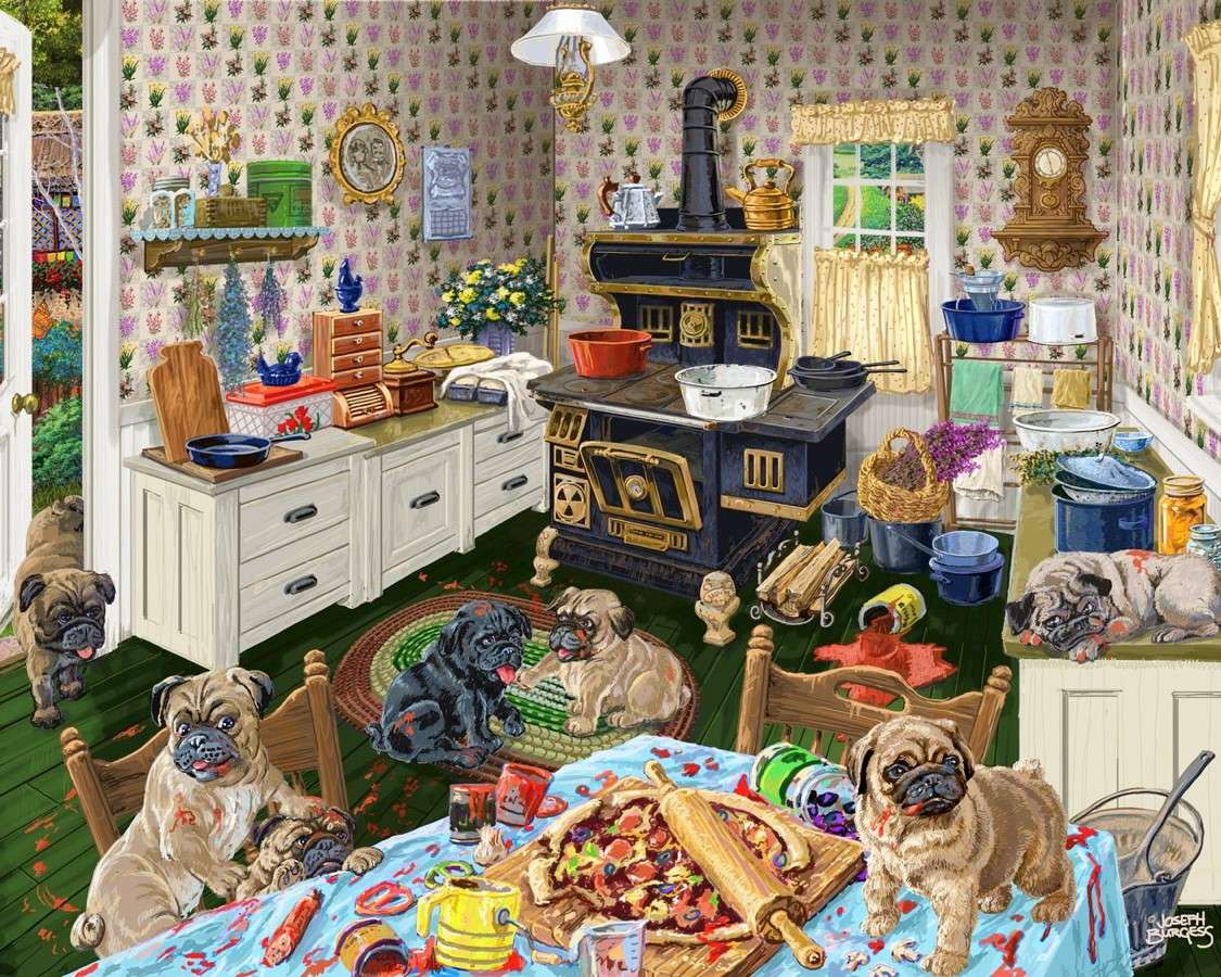Pieski robiące bałagan w kuchni puzzle online