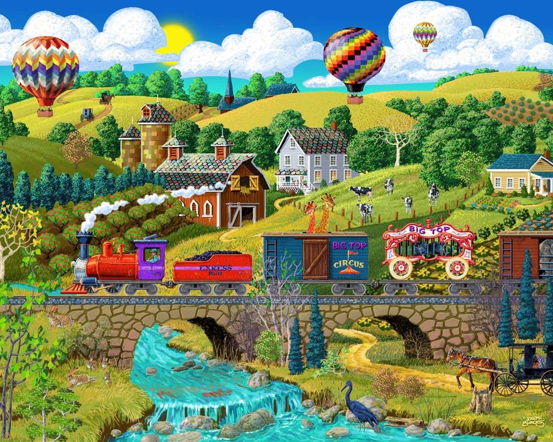 Pociąg na moście w miasteczku puzzle online