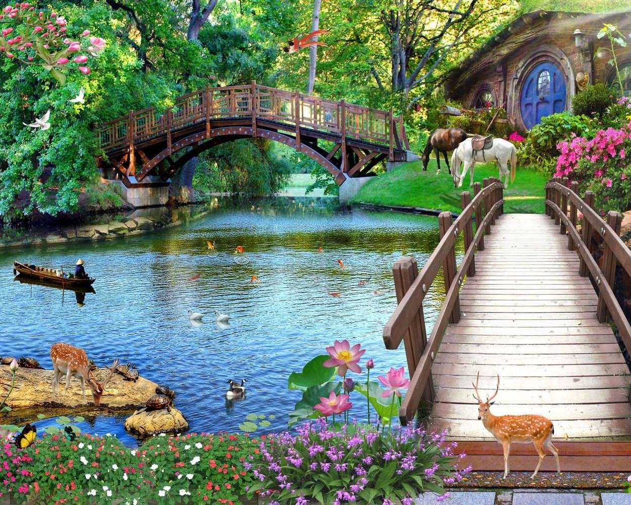 Rzeka z drewnianymi mostami puzzle online