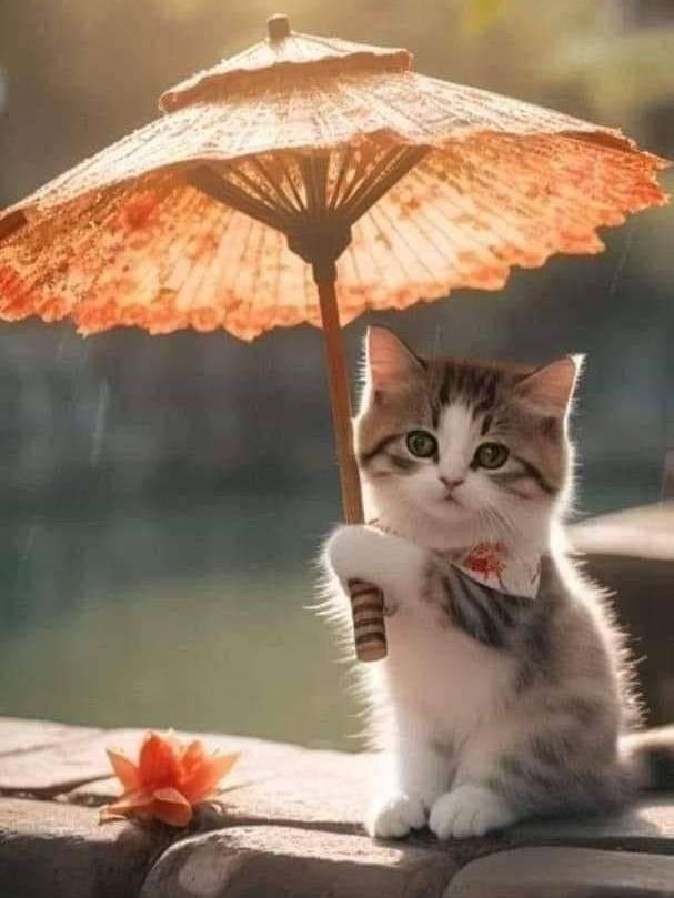 mały kotek z parasolką puzzle online