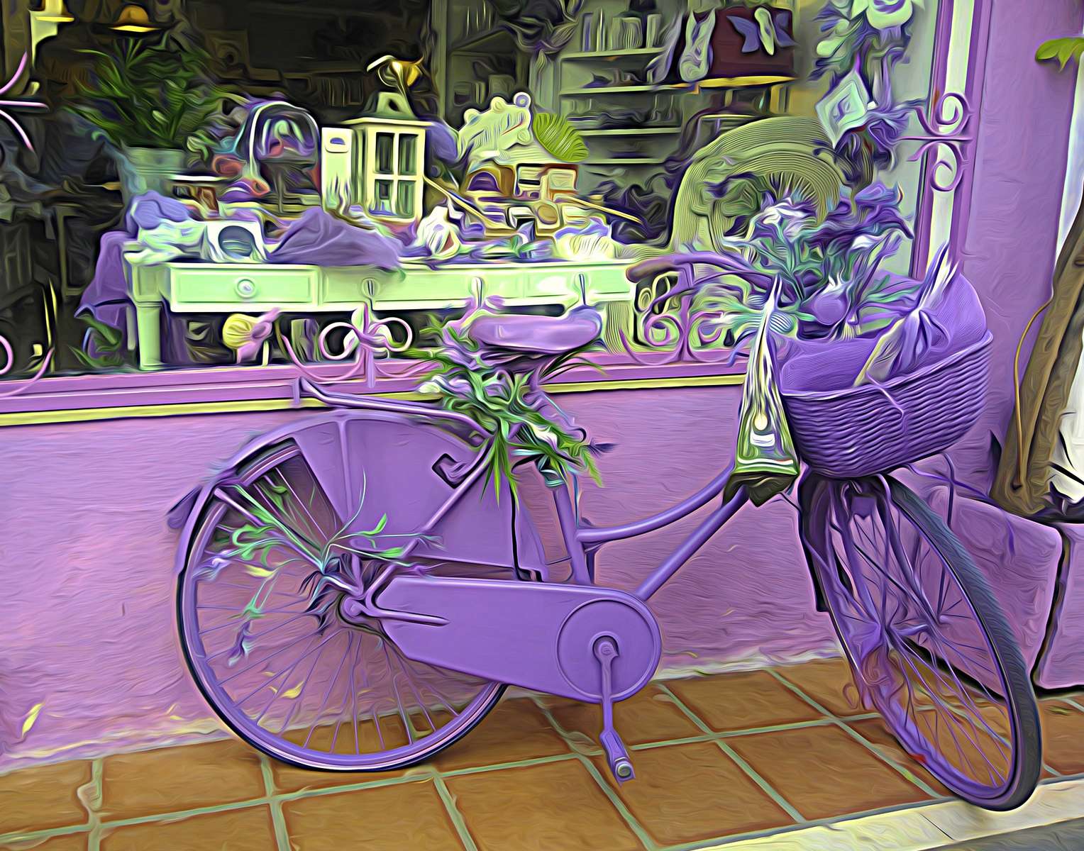 Liliowy rower pod witryną - kompozycja artystycza puzzle online