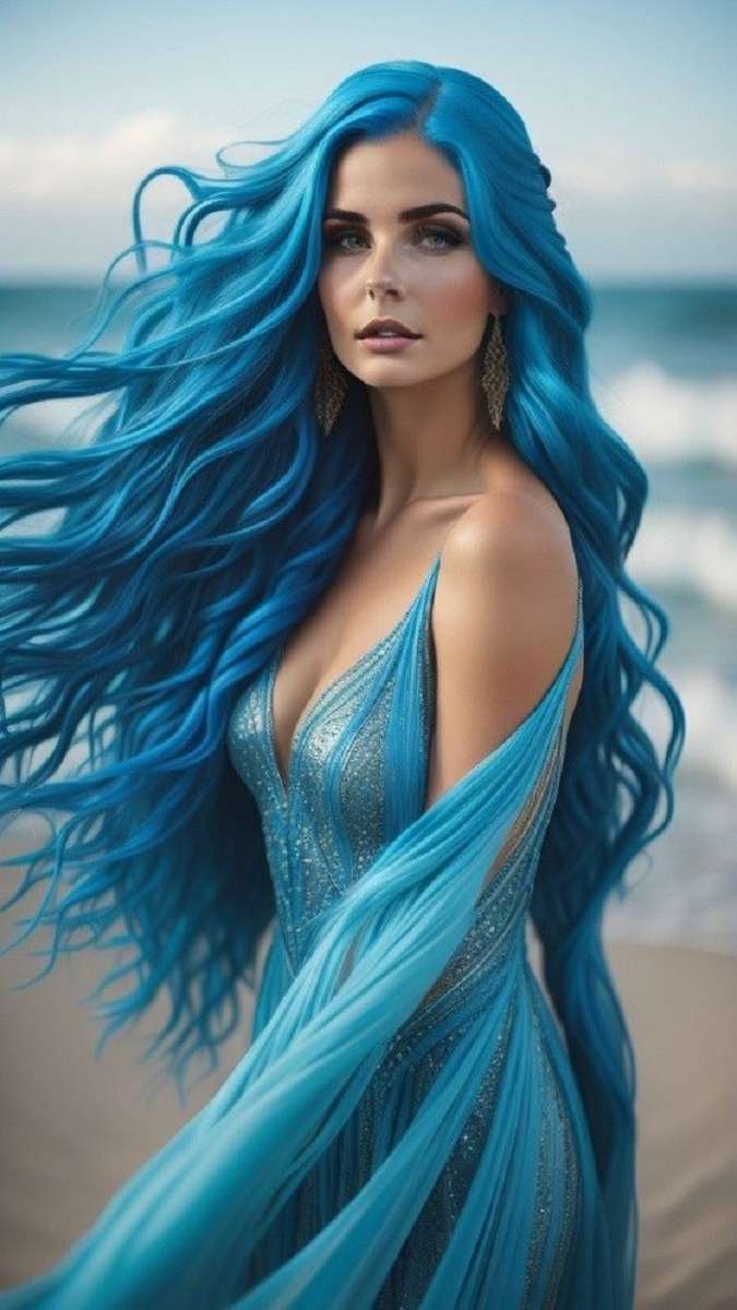 niebieska sukienka, niebieskie włosy puzzle online