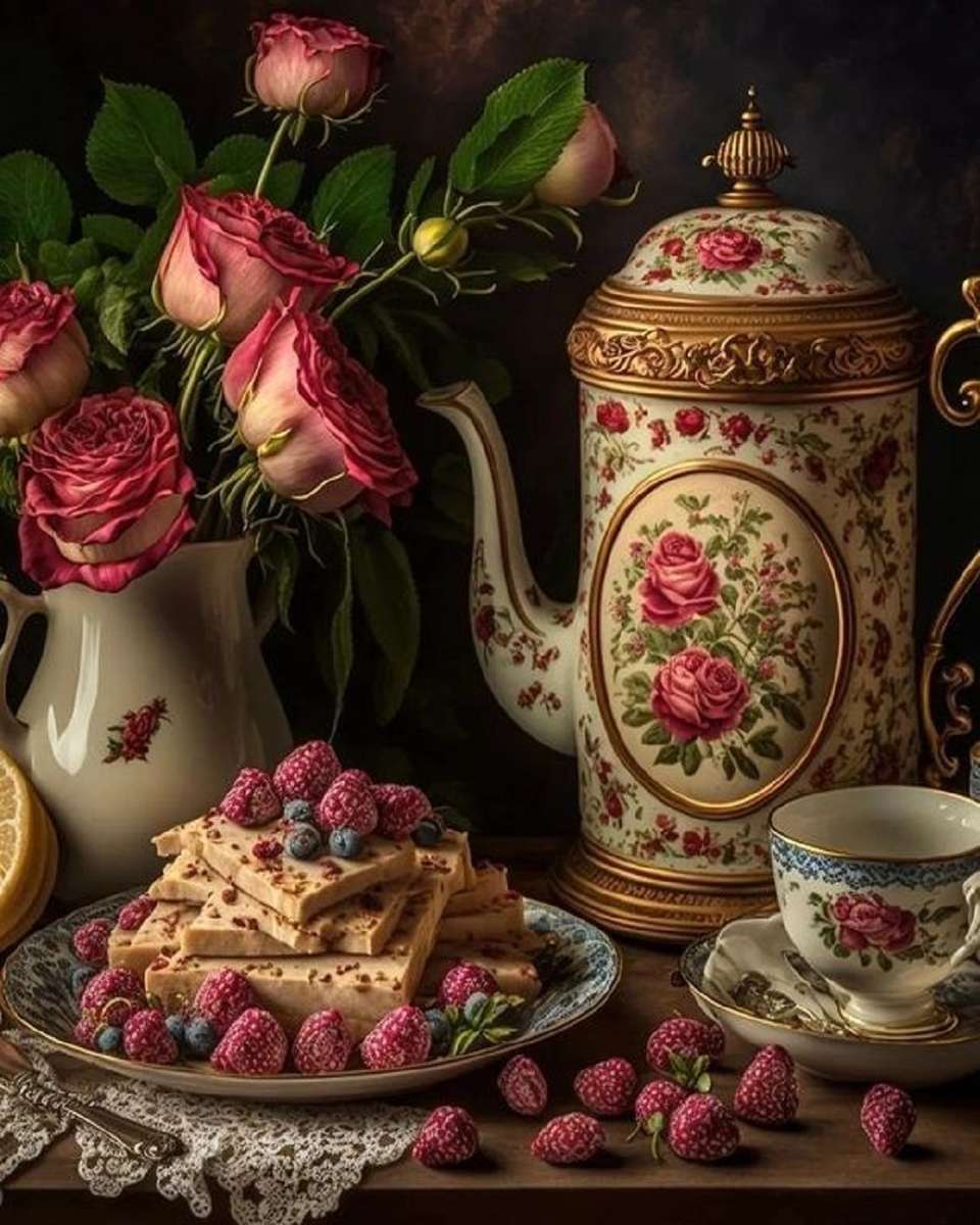 Ciasteczka z różami, herbatą i truskawkami puzzle online
