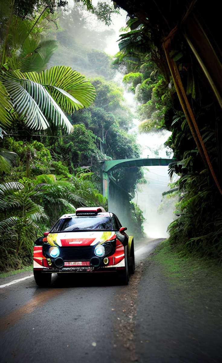 Samochód rajdowy na drodze w dżungli puzzle online