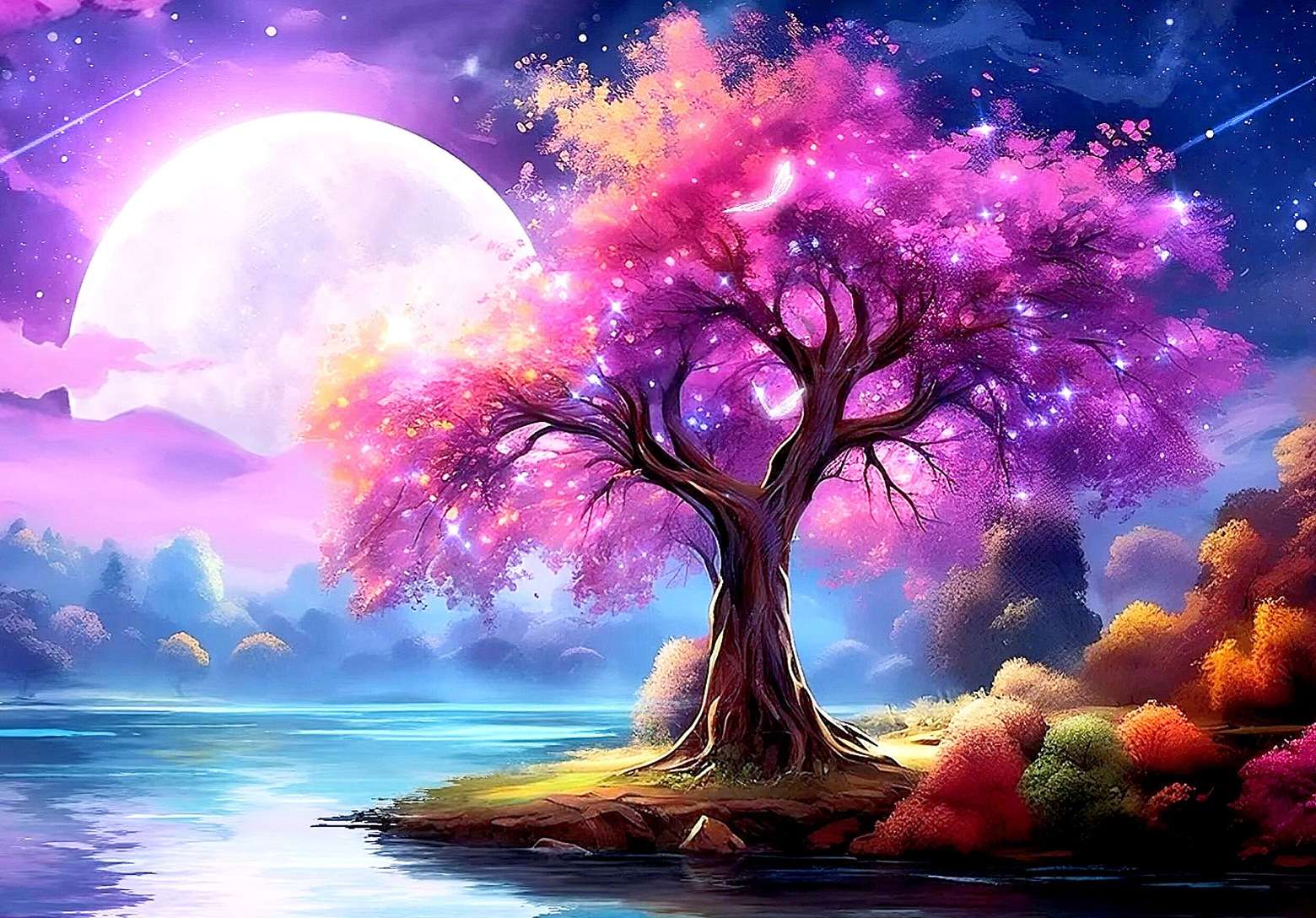 Drzewa nad jeziorem (obraz fantasy) puzzle online
