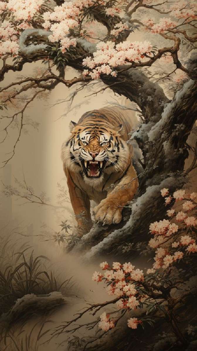tygrys, kwiat wiśni puzzle online