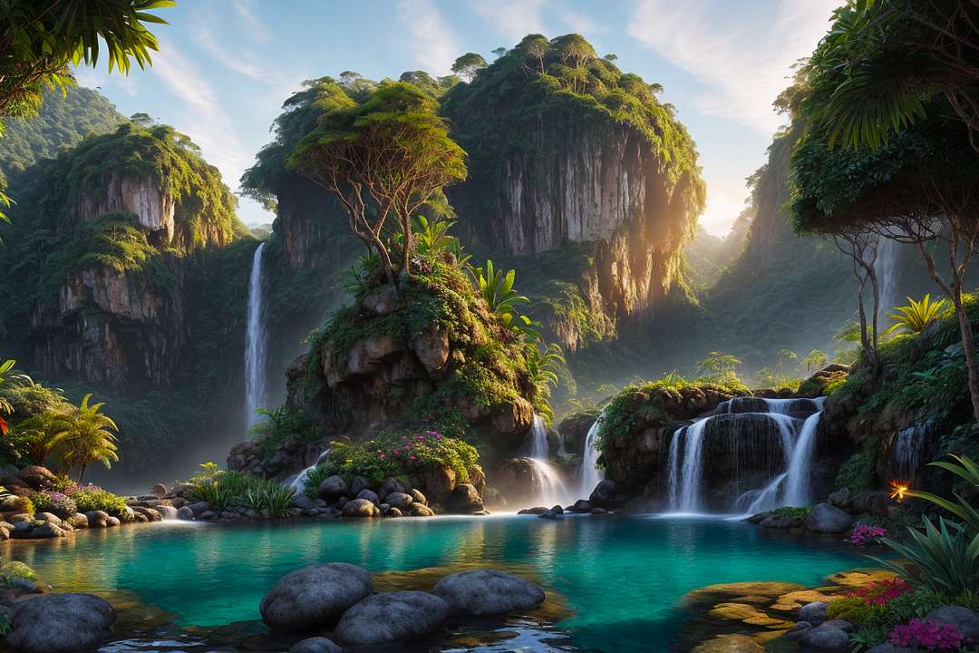 Dolina wodospadów (obraz fantasy) puzzle online