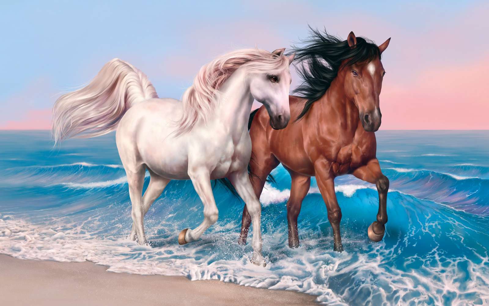 Konie na plaży. puzzle online