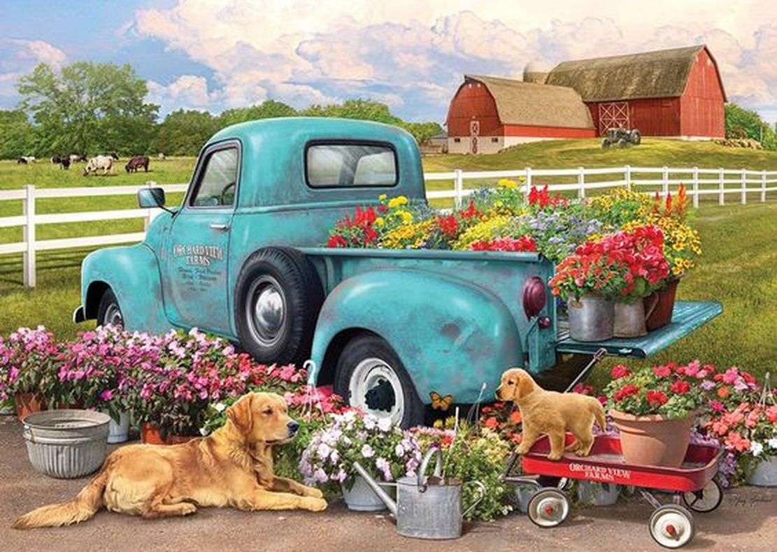 Samochód z kwiatami i psami puzzle online
