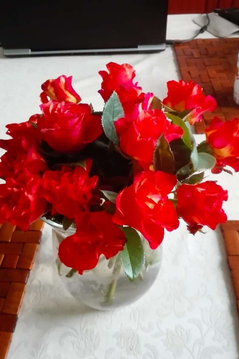 czerwone kwiaty w szklanym wazonie puzzle online
