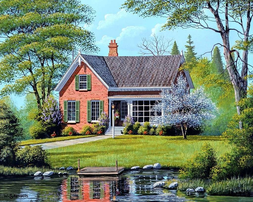 Dom z czerwonej cegły z okiennicami puzzle online