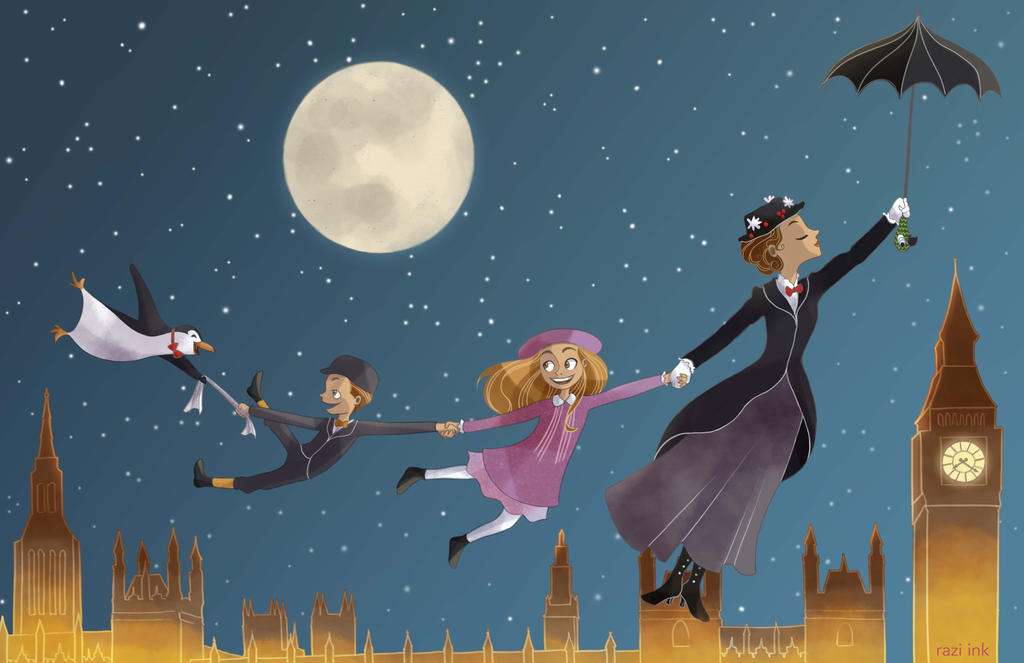 Mary Poppins leci nad Londynem puzzle online