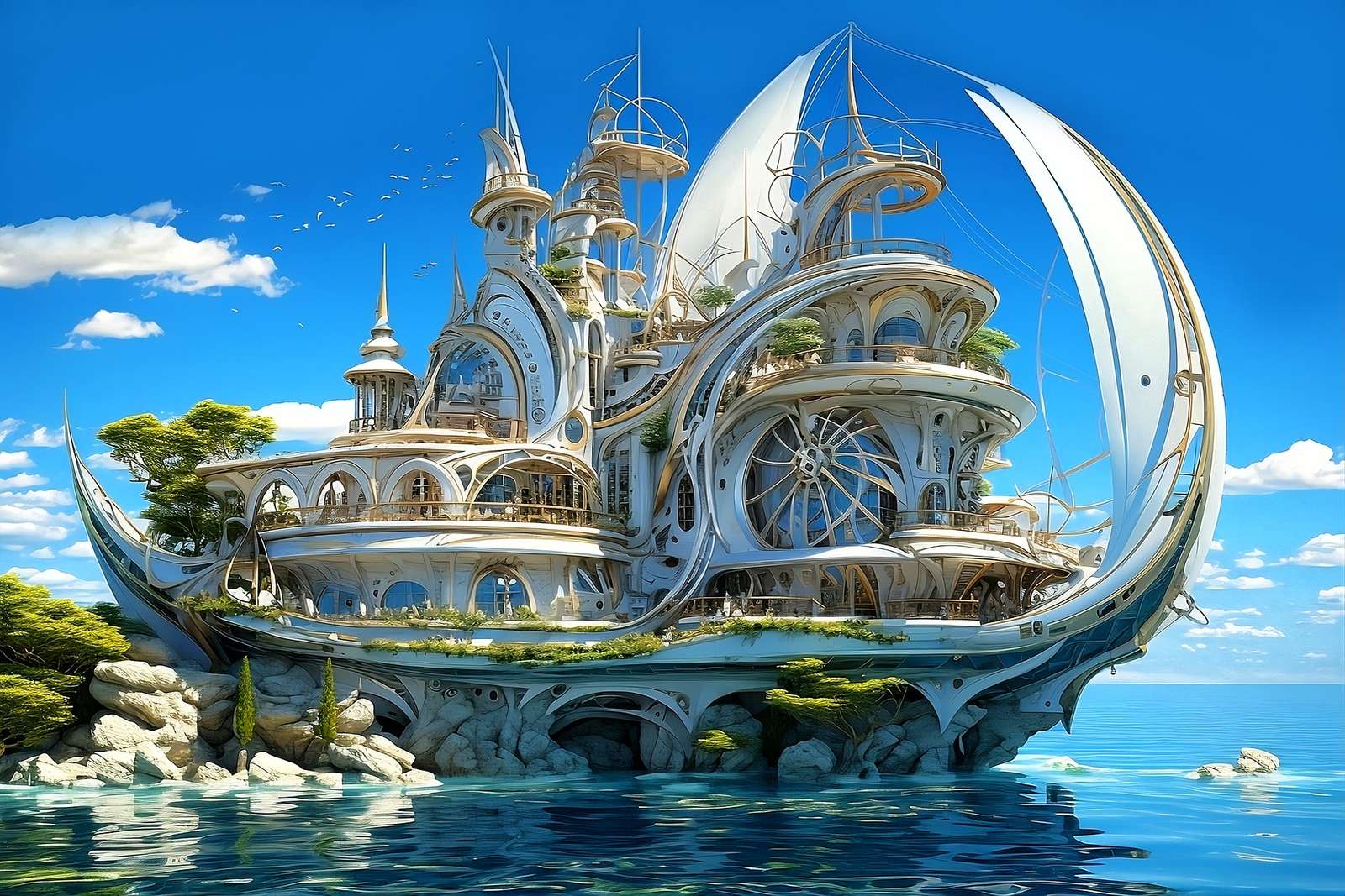Surrealistyczna rezydencja u brzegu morza puzzle online