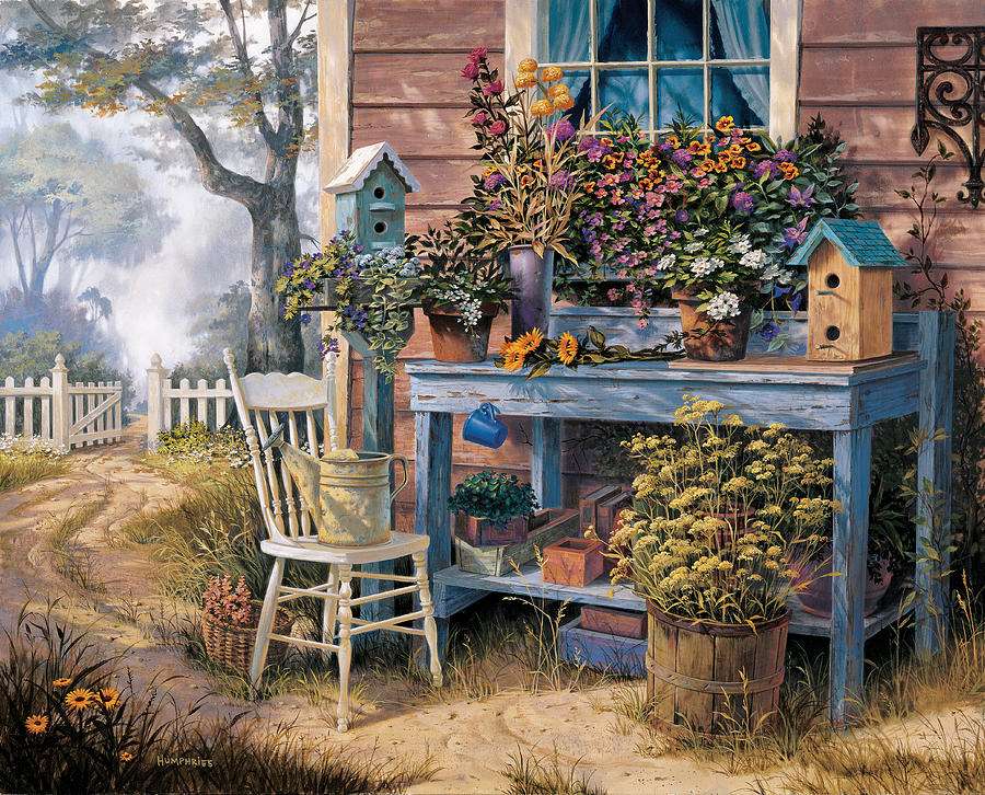 Obraz malowany. Kwiatki przed domem puzzle online