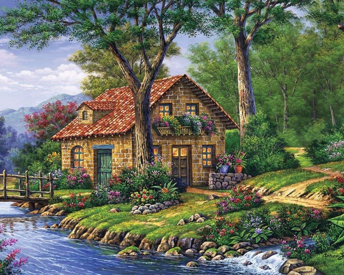Domek przy rzece z mostkiem puzzle online