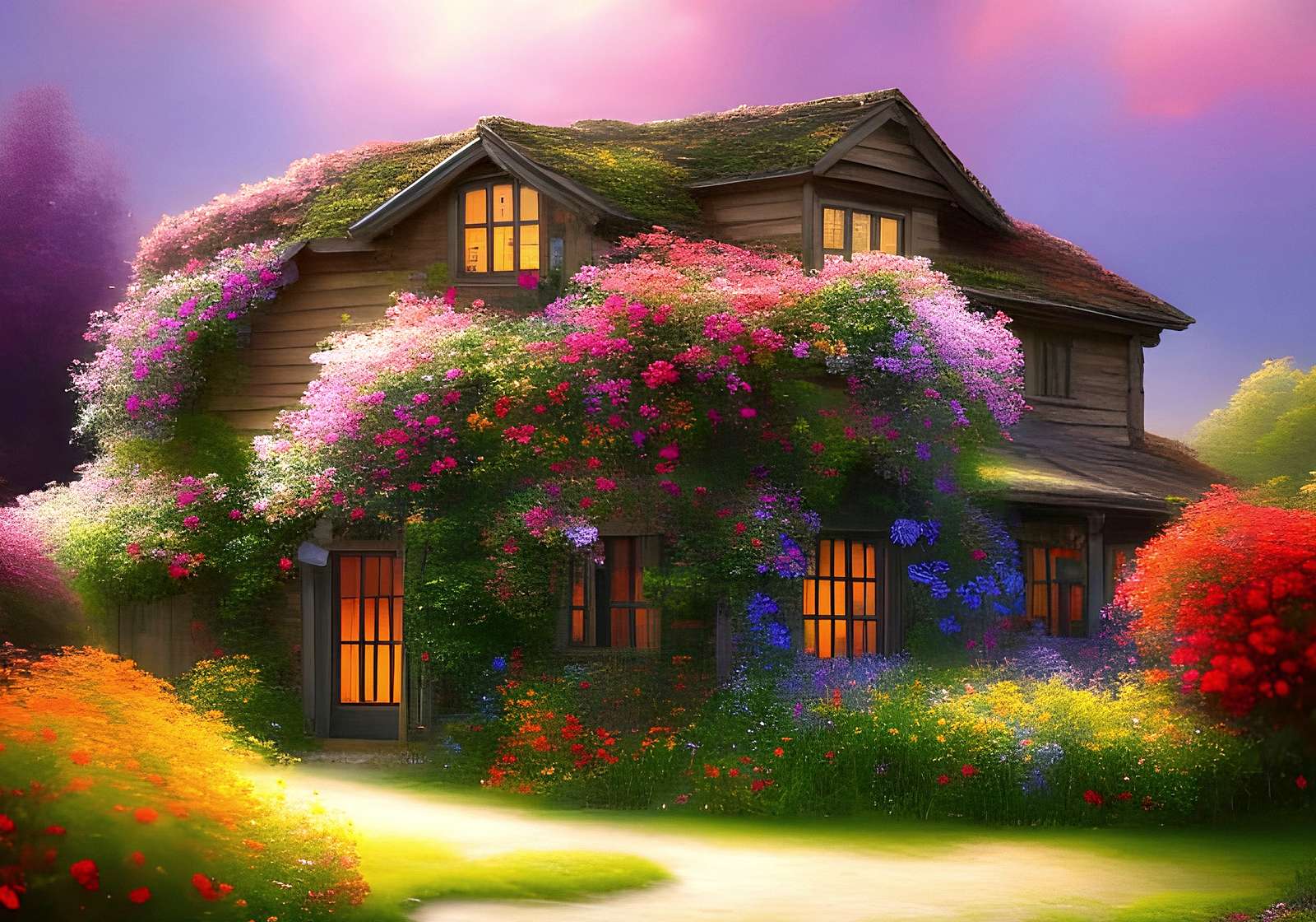 Magiczny dom wśród kwiatów puzzle online