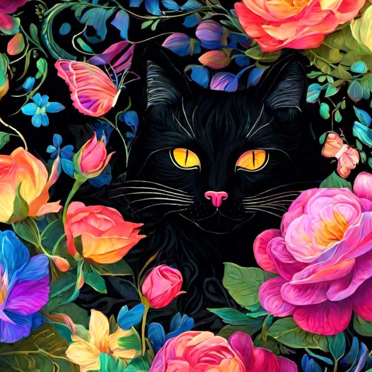 Kot wśród kwiatów (obraz) puzzle online
