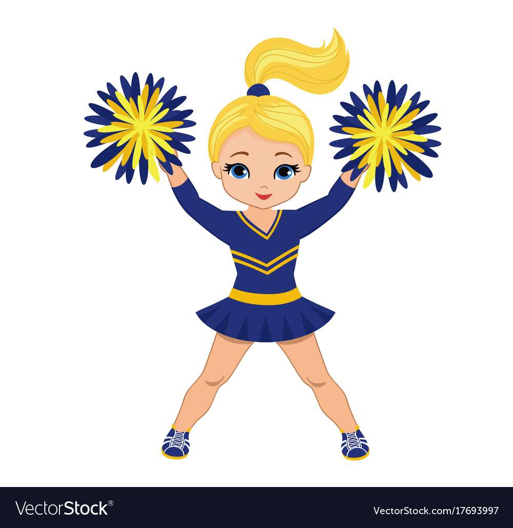 Cheerleader in blue and yellow uniform with pom po puzzle online