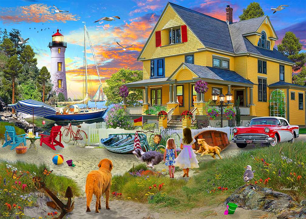 Żółty dom na plaży puzzle online
