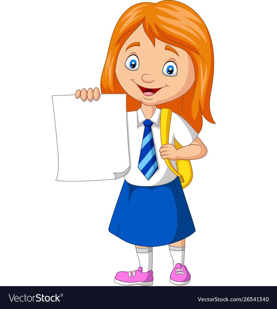 Cartoon school girl in uniform holding blank paper puzzle online