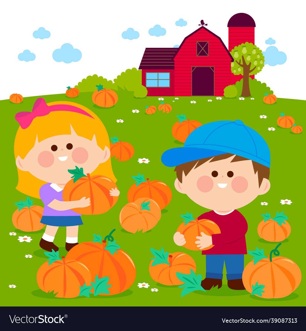 Children at the pumpkin field and a farmhouse vect puzzle online