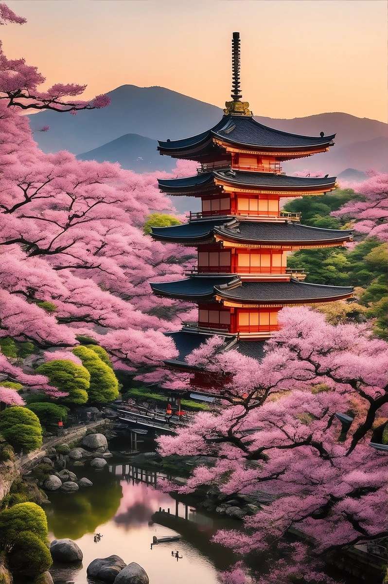 Pagoda wśród kwiatów wiśni puzzle online