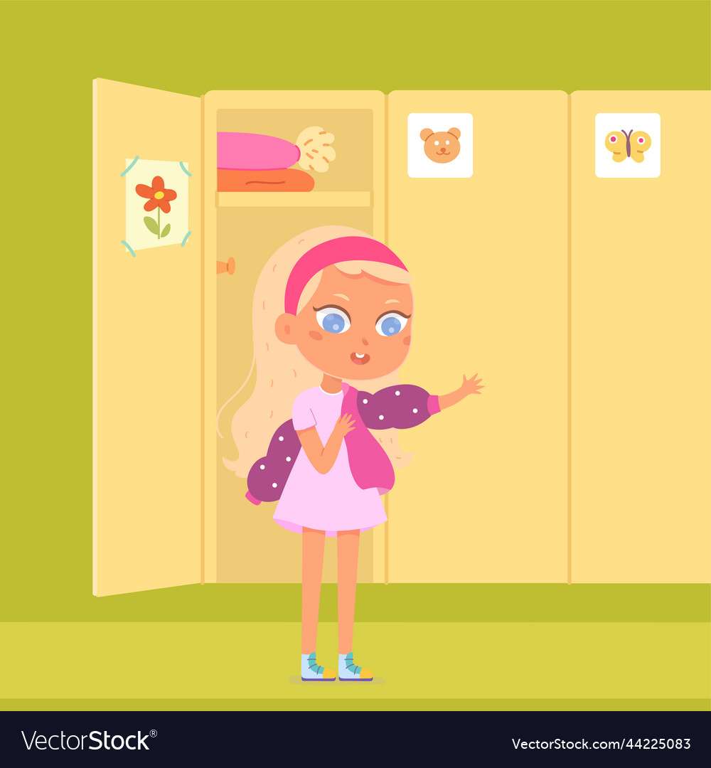 Cute girl putting on jacket in aisle of school vec puzzle online