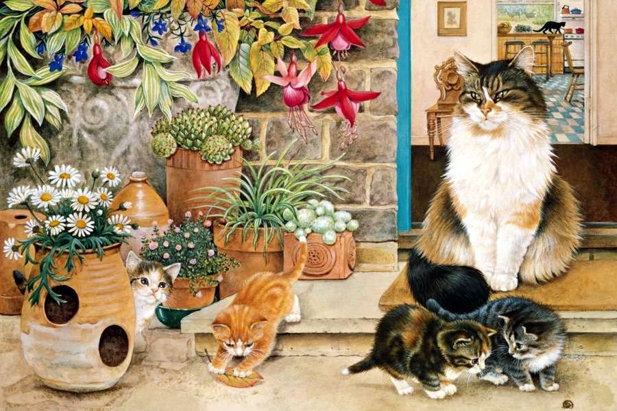 Kotki przed domem puzzle online