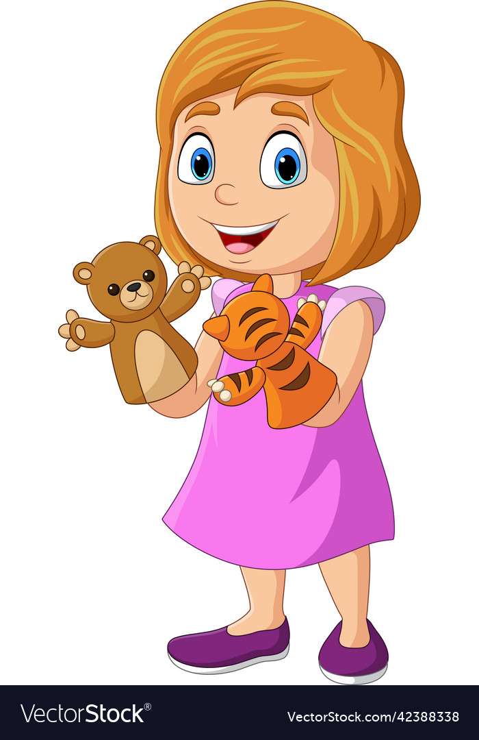 Cartoon little girl playing animals puppet vector puzzle online