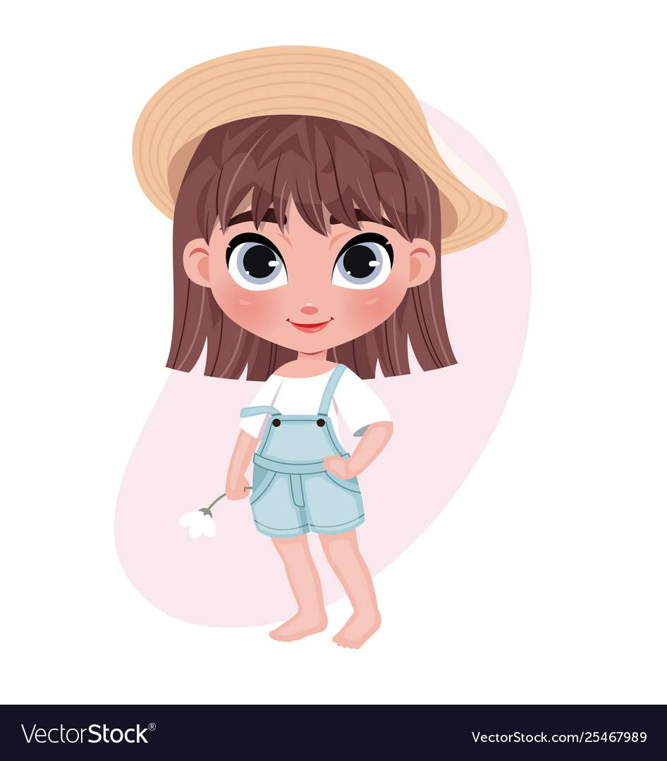 Cute unshod little girl character in hat holding v puzzle online