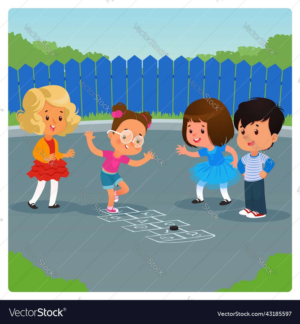 Kids playing hopscotch game outdoor cartoon vector puzzle online