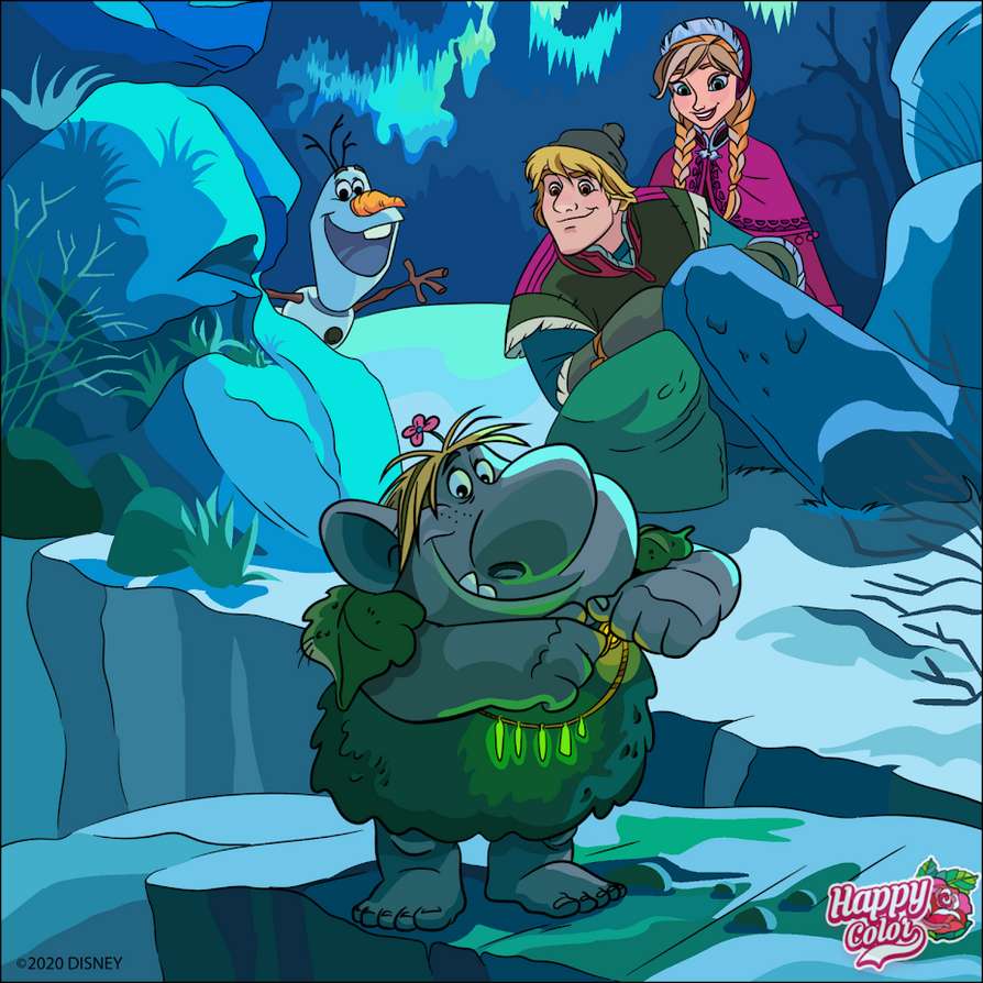 Kristoff zabiera Annę i Olafa na spotkanie z trollami puzzle online