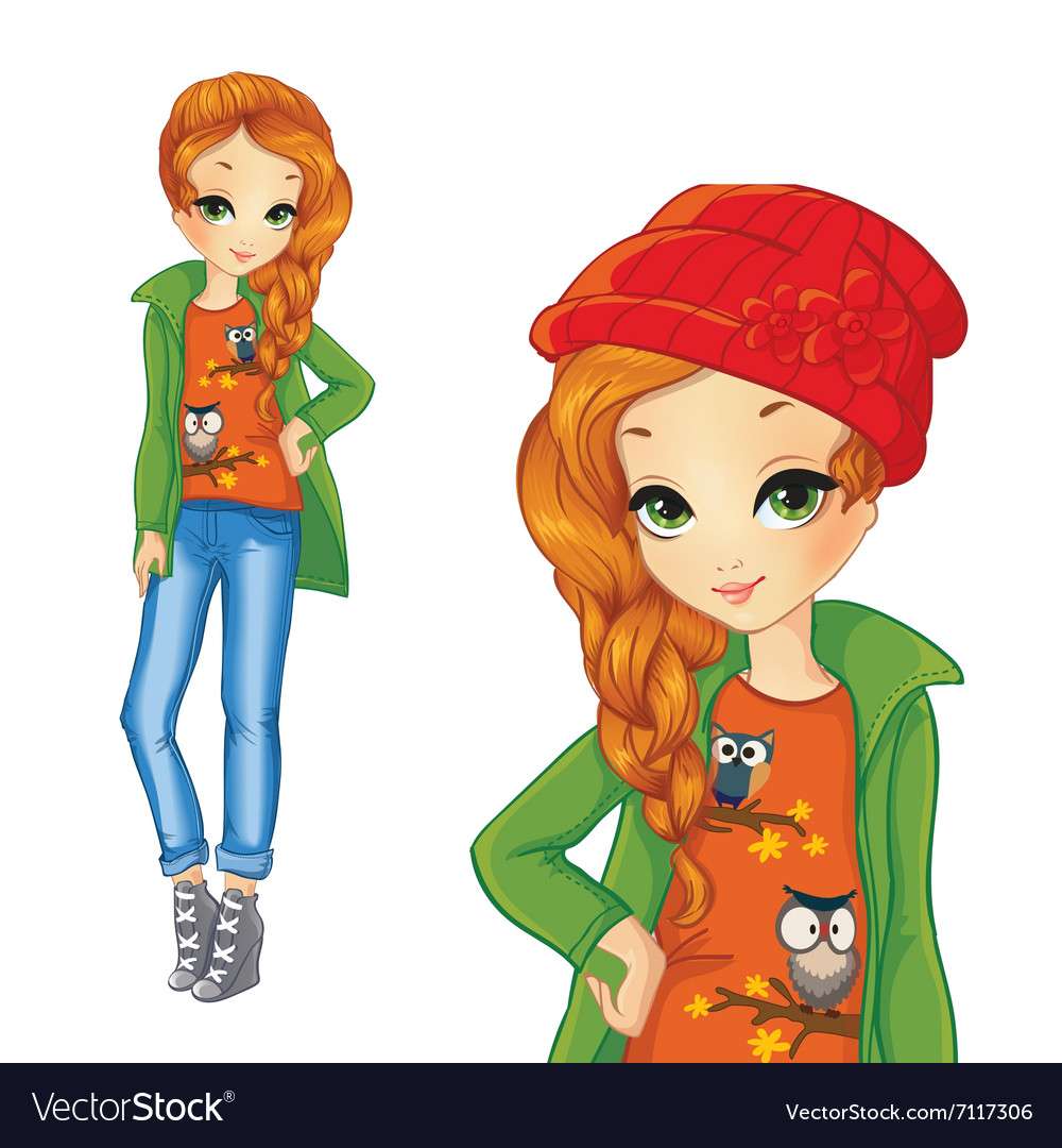 Girl in green jacket and red hat vector image puzzle online