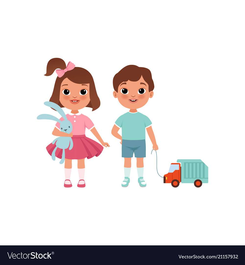 Cute litlle boy and girl characters with toys vect puzzle online