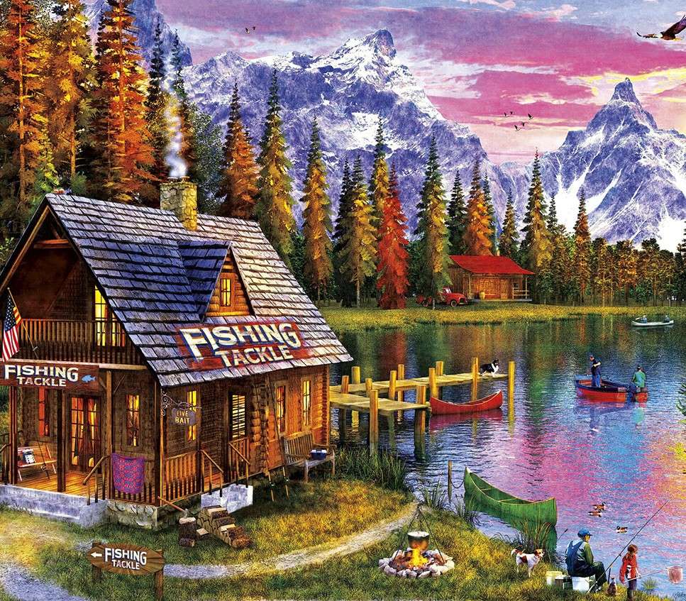 Drewniany domek nad jeziorem w górach puzzle online