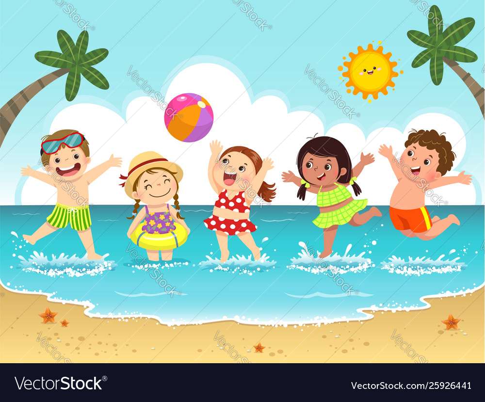 Group happy kids having fun on beach vector image puzzle online