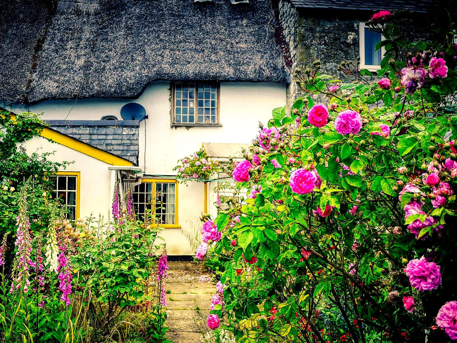 Stare domy wśród róż puzzle online