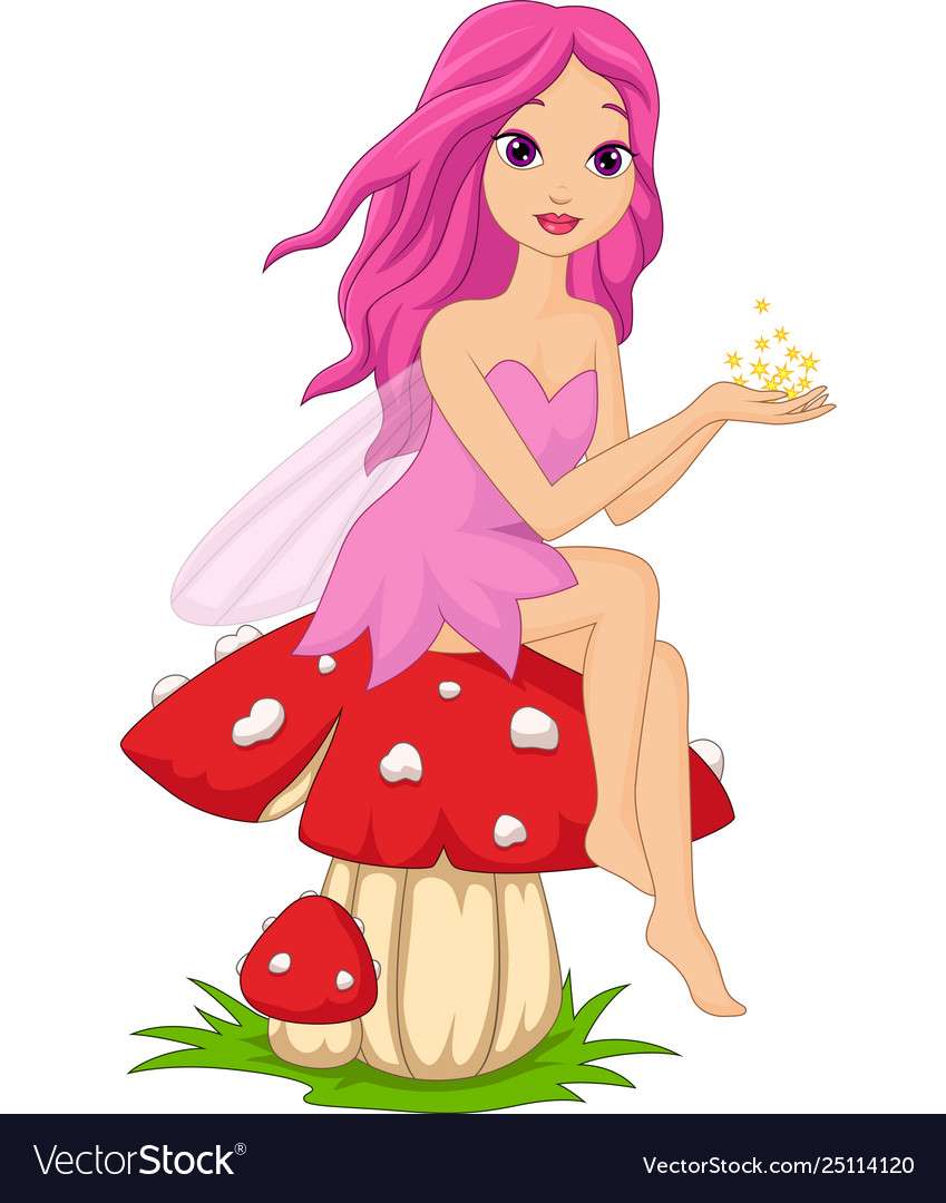 Cute pink fairy cartoon sitting on a mushroom vect puzzle online