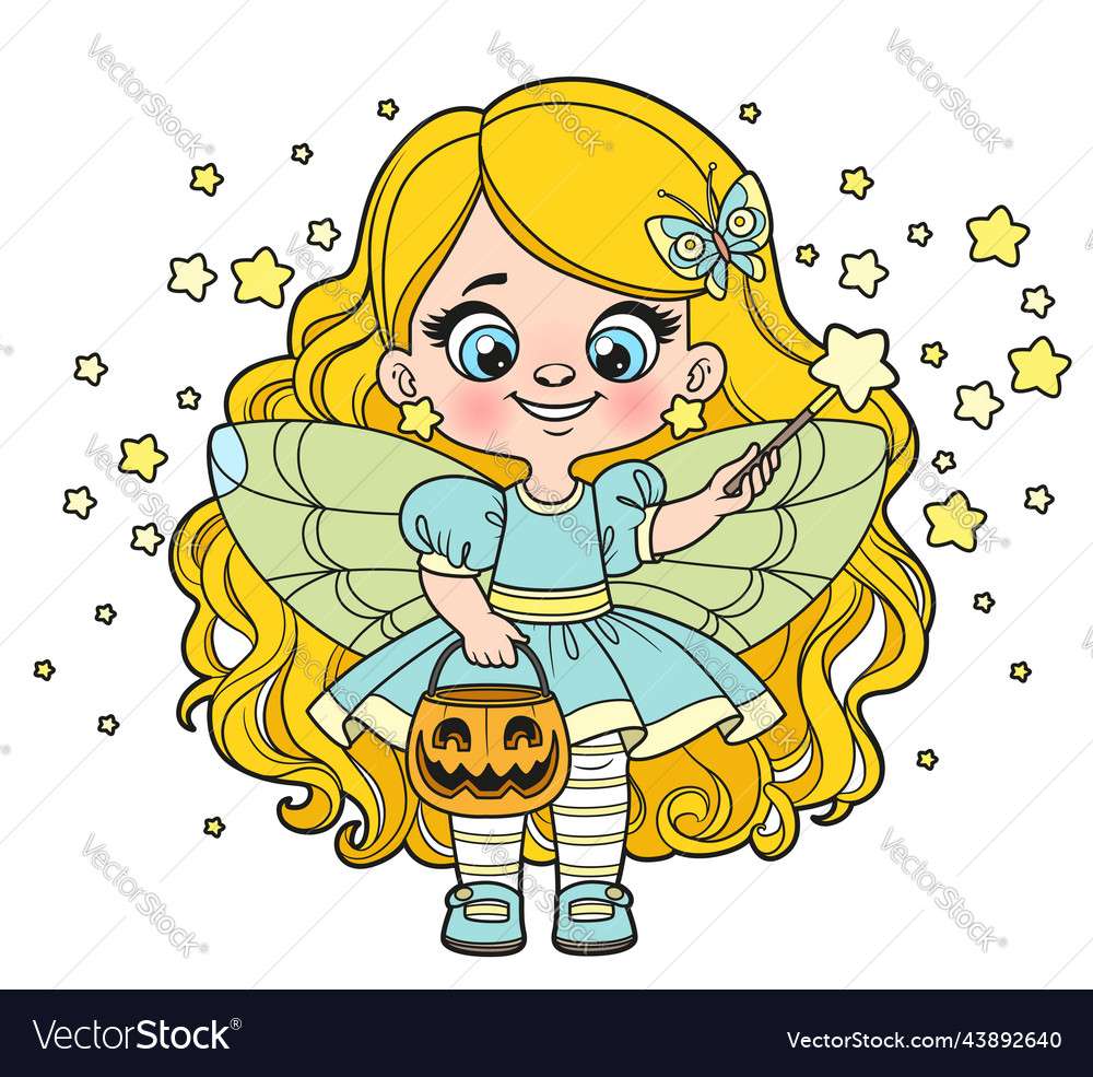 Cute cartoon long haired girl in halloween fairy v puzzle online