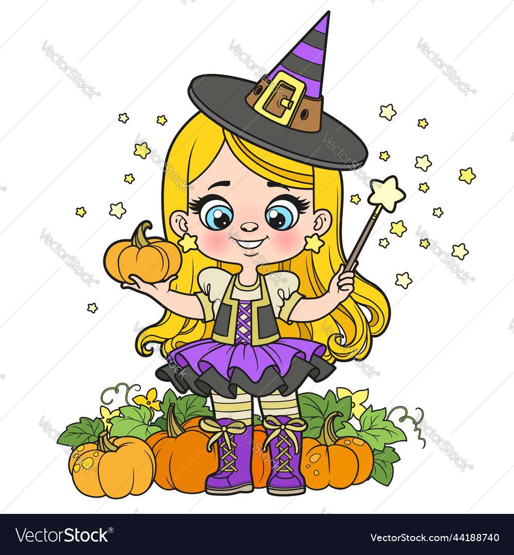 Cute cartoon girl in a halloween witch costume ve puzzle online