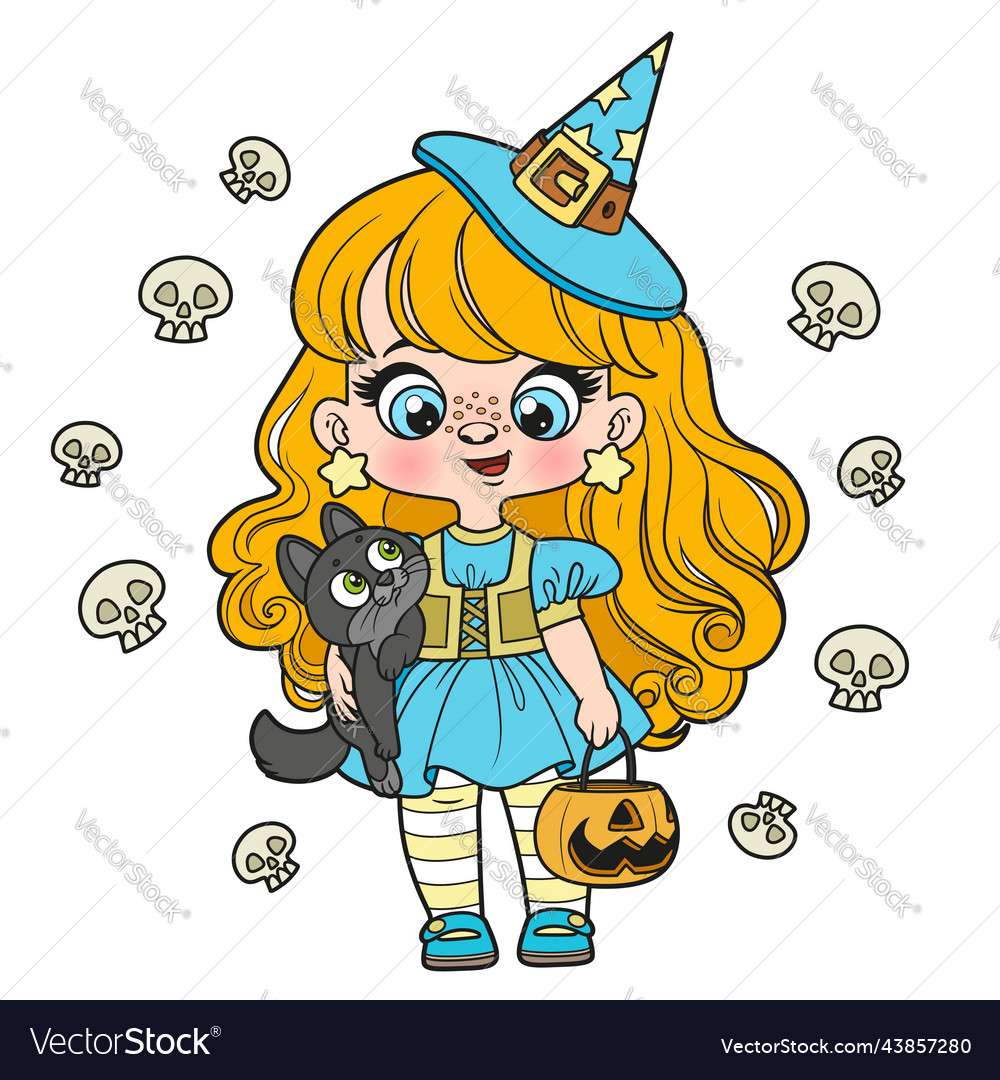 Cute cartoon girl in a halloween witch costume vec puzzle online
