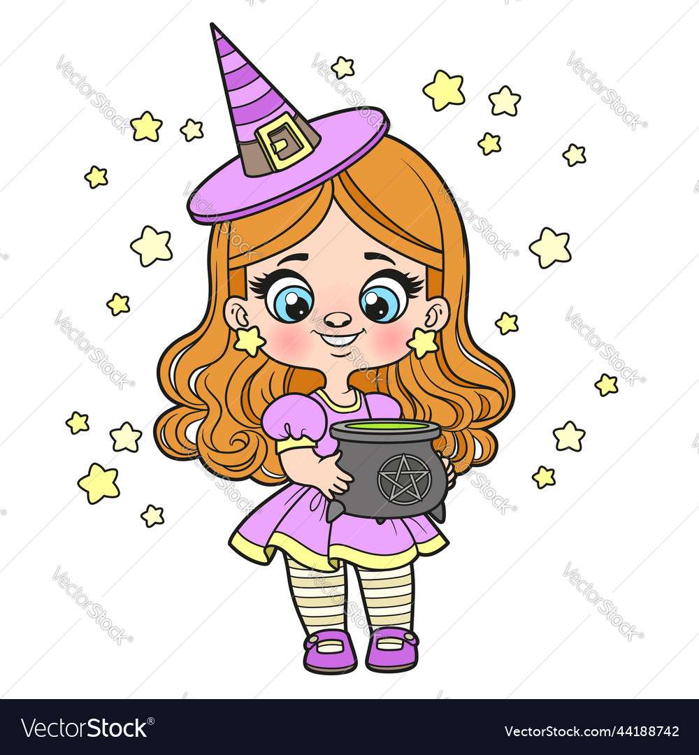 Cute cartoon girl in halloween witch dress vector puzzle online