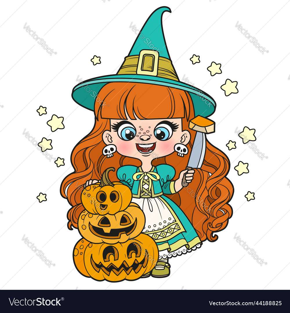 Cute cartoon longhaired witch girl with pumpkin ve puzzle online