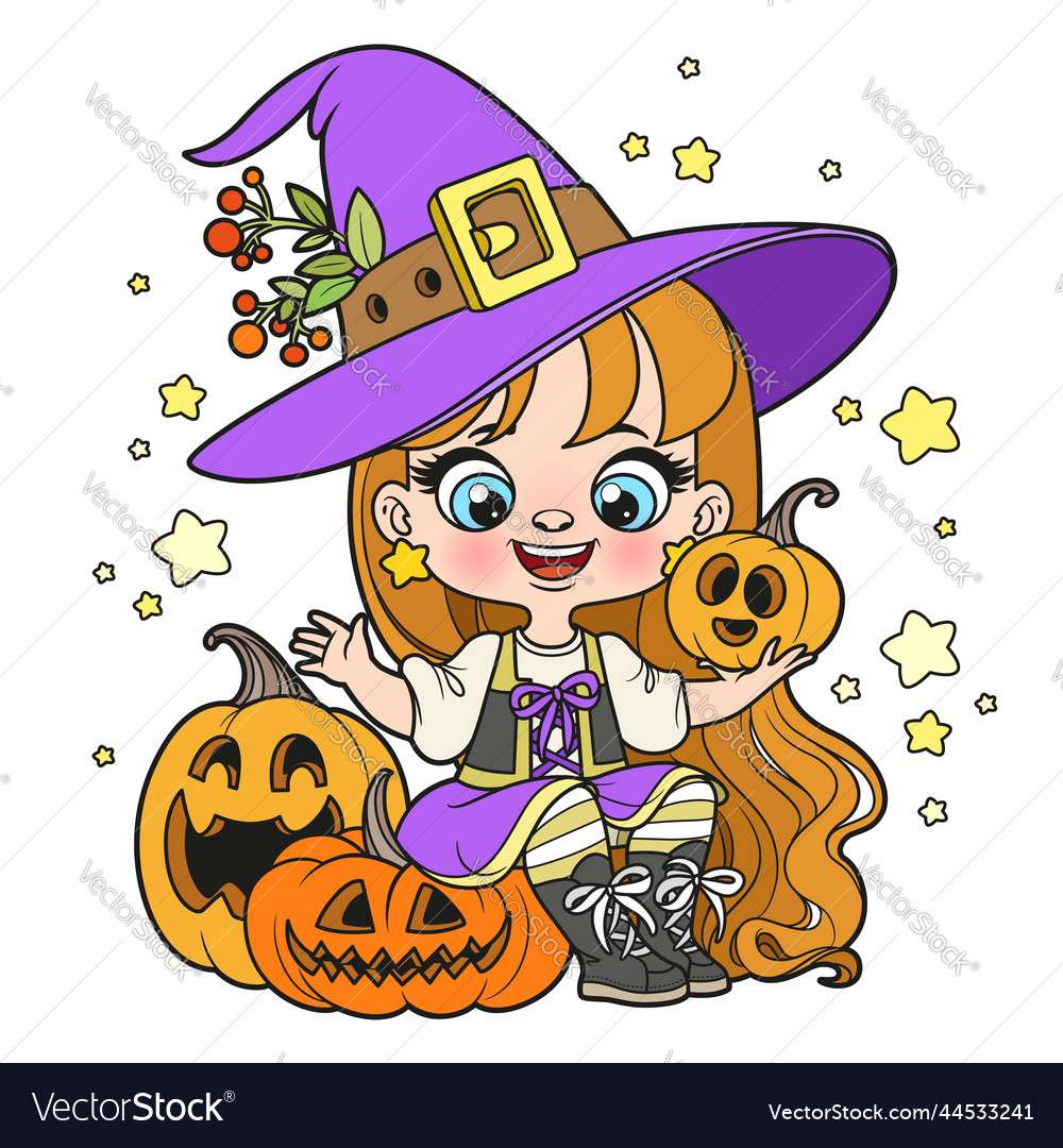 Cute cartoon long haired girl in a halloween vecto puzzle online