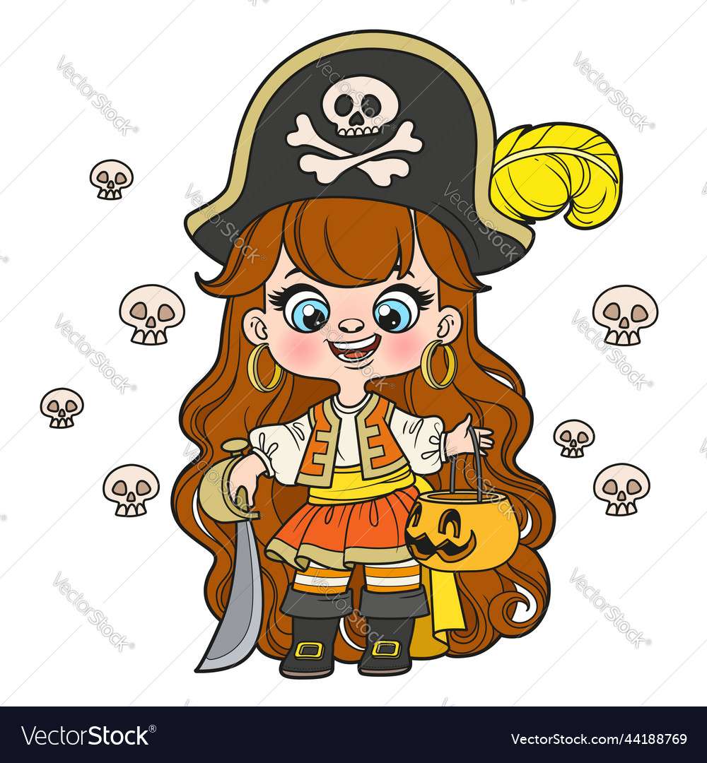 Cute cartoon long haired girl in halloween pirate puzzle online