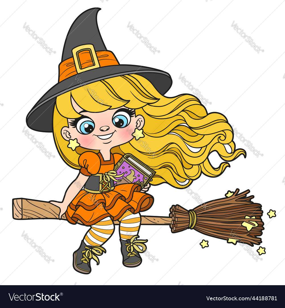 Cute cartoon long haired girl in halloween witch v puzzle online