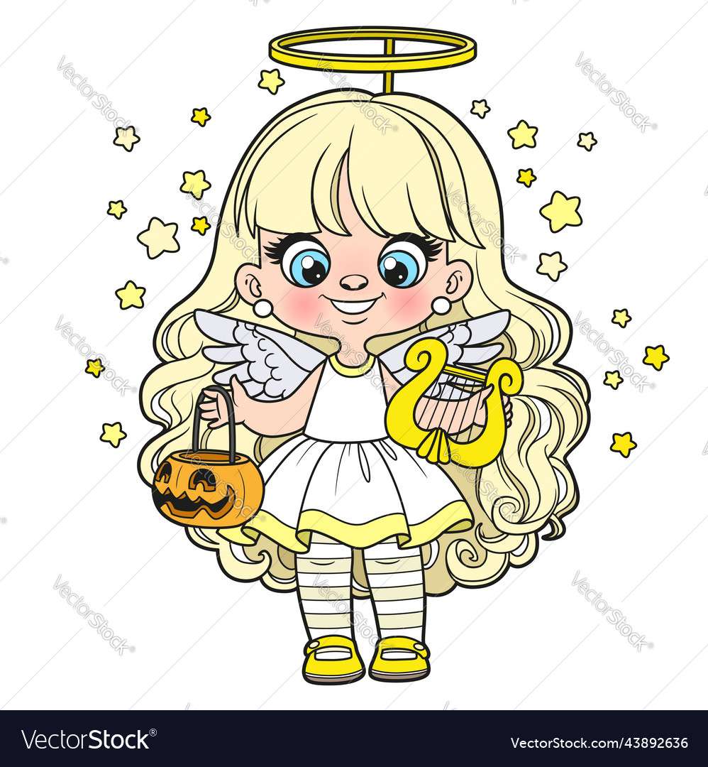 Cute cartoon long haired girl in halloween angel v puzzle online