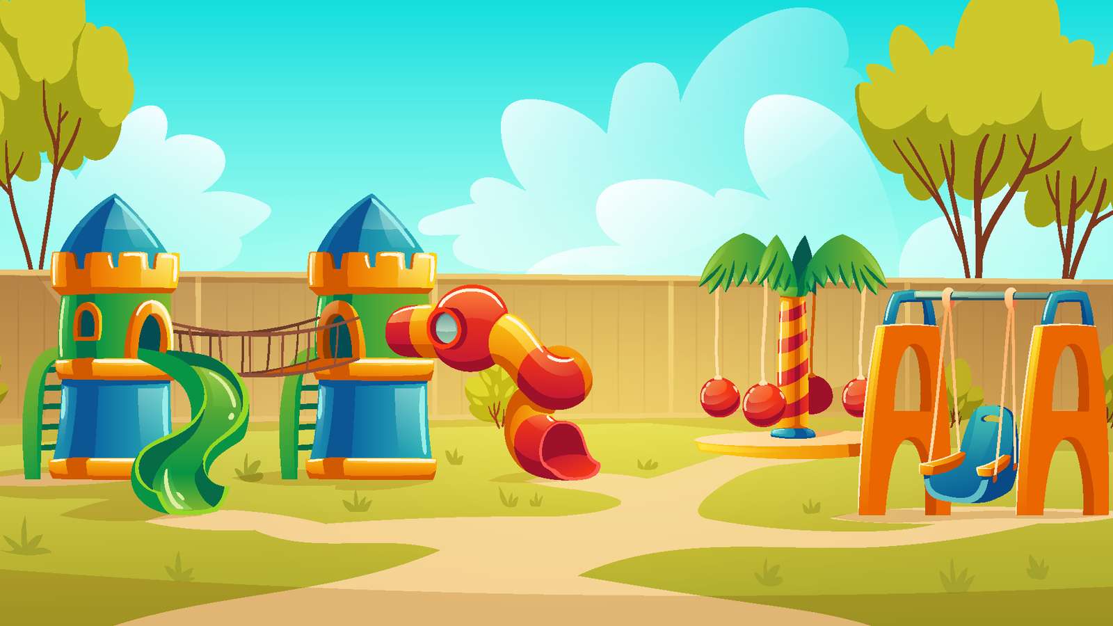 wektor plac zabaw dla dzieci w letnim parku z karuzelą puzzle online